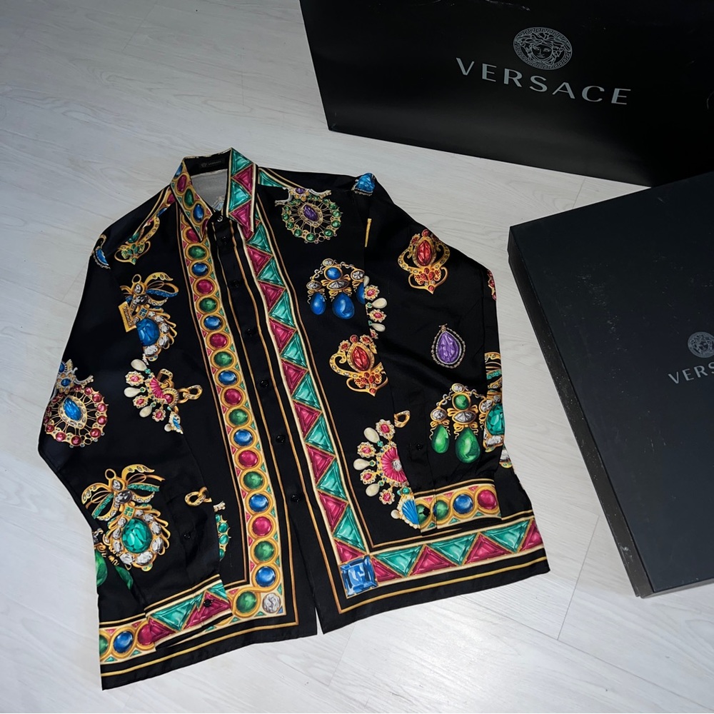 Versace Black And Gold BeJeweled Silk Button Down Shirt Size XL - 42